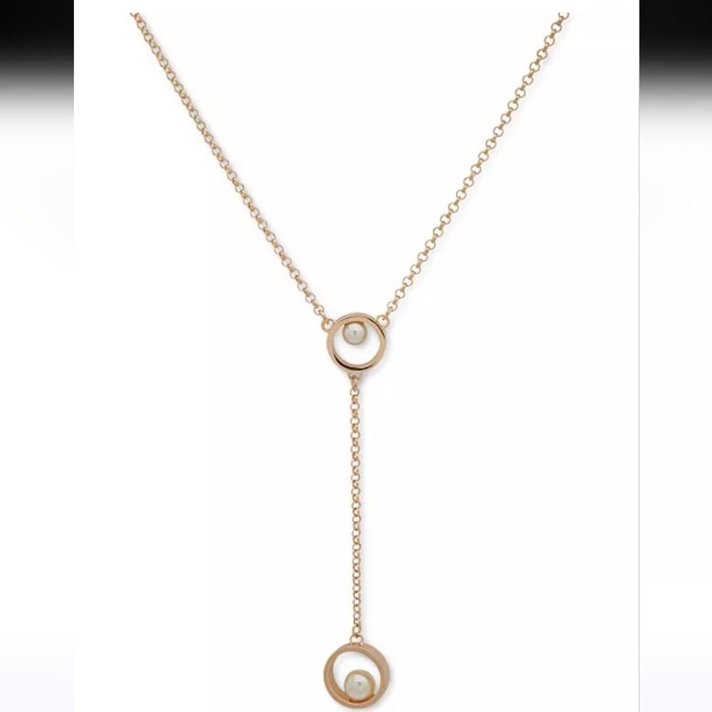 KARL LAGERFELD PARIS Gold-Tone Imitation Pearl Lariat Necklace 16" + 3" extender - Picture 1 of 9